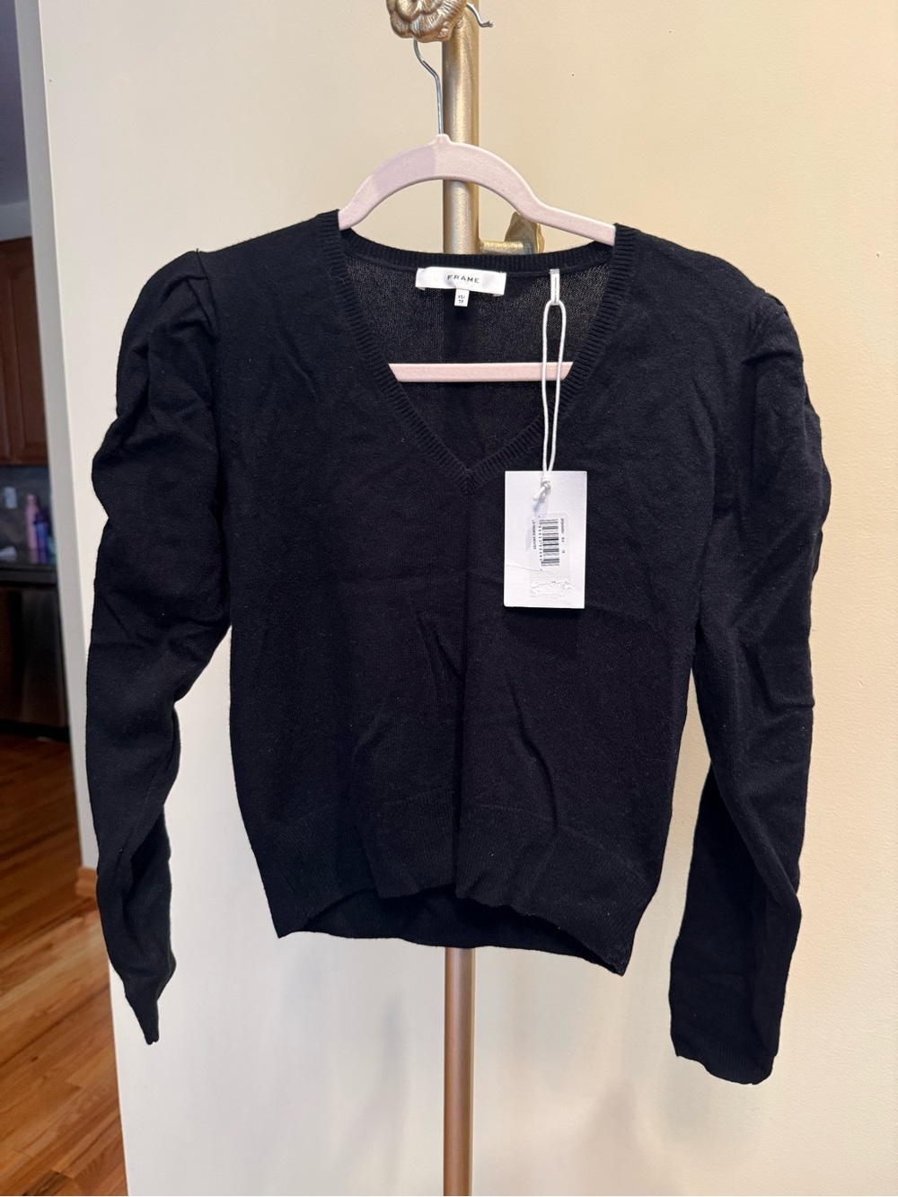 Frame Denim V-Neck Puff Sleeve Sweater in Black